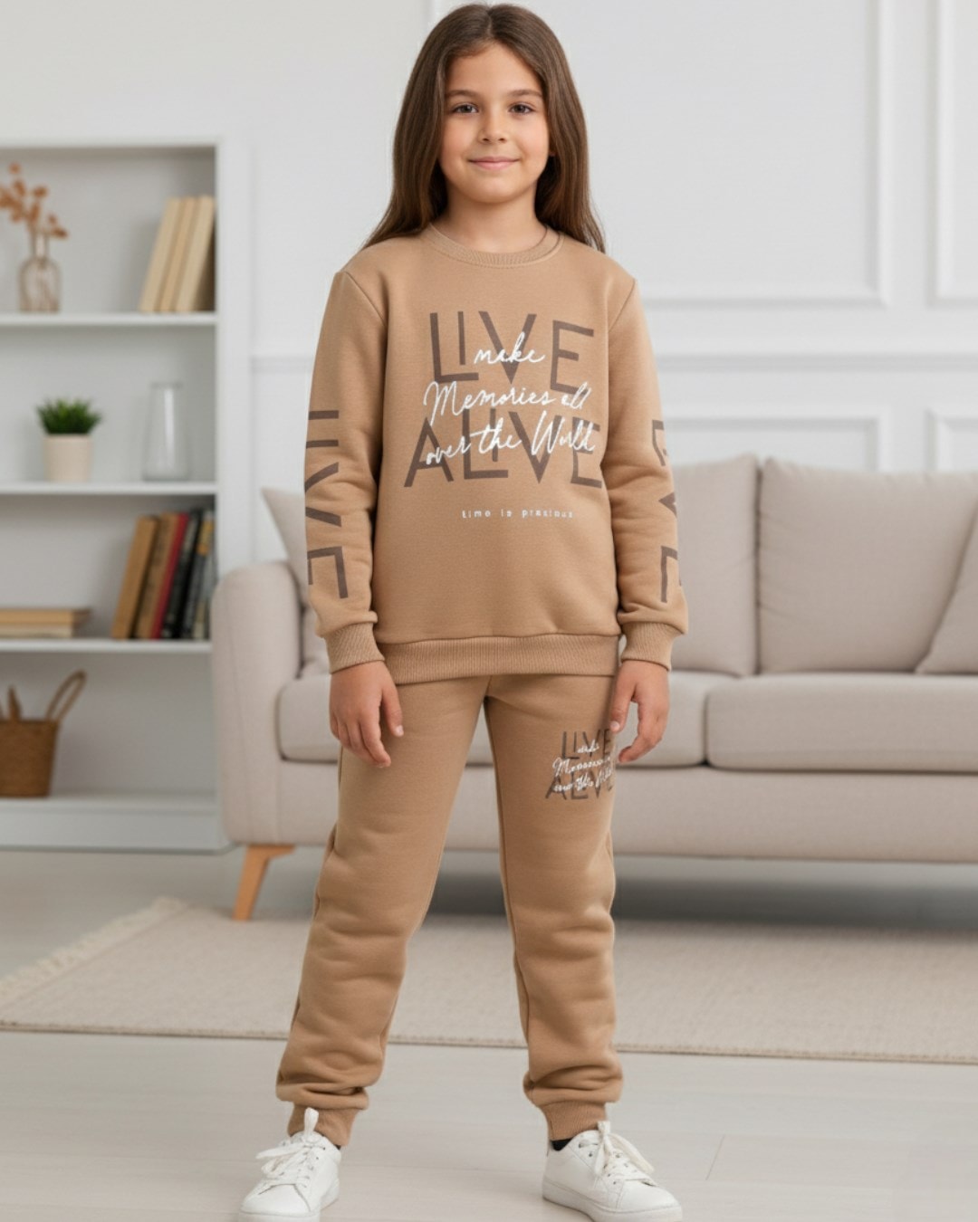 Erkek Çocuk 10-11-12-13-14 Yaş Kışlık 3 İp Şardonlu Baskılı Eşofman Takımı / Sweatshirt ve Alt R2280 - KAHVERENGİ