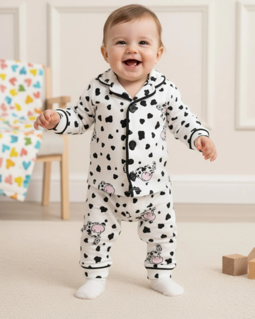 Mevsimlik İnek Baskılı Kruvaze Yakalı 6 Ay - 3 Yaş Gecelik Pijama Takımı R2181