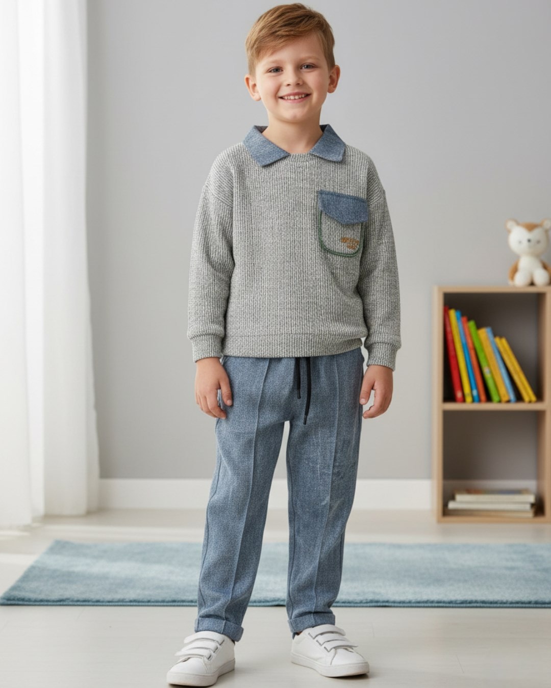 Erkek Çocuk Gömlek Yakalı, Cep Detaylı Sweatshirt ve Pantalonlu Şık 2'li Takım 4-11 Yaş R2264 - GRİ