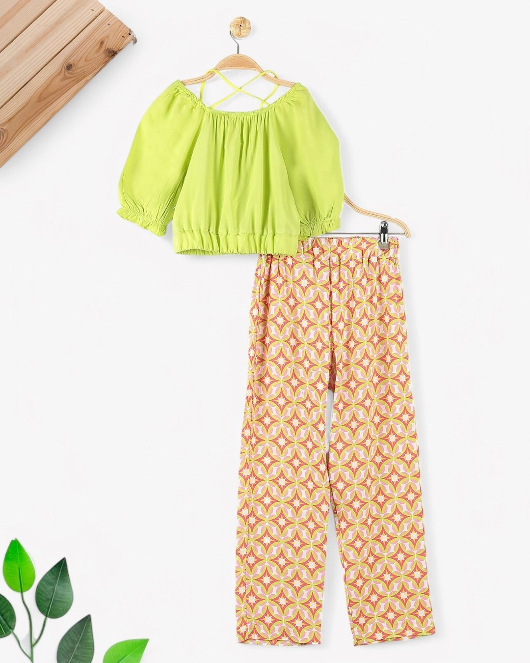 KIZ ÇOCUK YAZLIK ETNİK DESEN PANTALONLU 6-7-8-9-10 YAŞ BOL PAÇALI ŞIK TAKIM R1717 - FISTIK YEŞİLİ