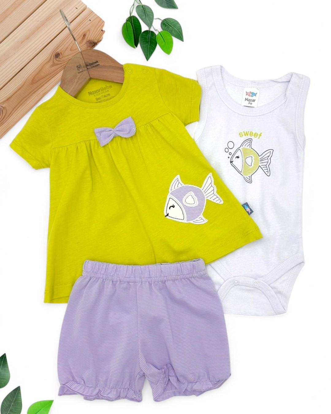 KIZ BEBEK YAZLIK 6-9-12-18-24 AY 3 PARÇA ÇITÇITLI BODYLİ BALIK NAKIŞLI TAKIM R1766 - YEŞİL