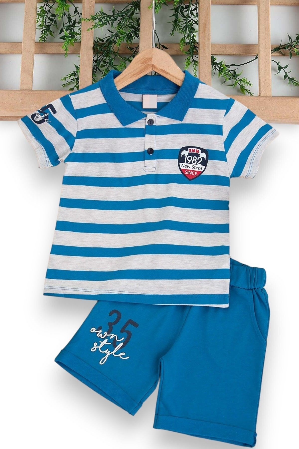 Erkek Çocuk Günlük Çizgili Polo Yakalı Şık T-shirt Ve Şort Alt Üst Takımı R499 - MAVİ