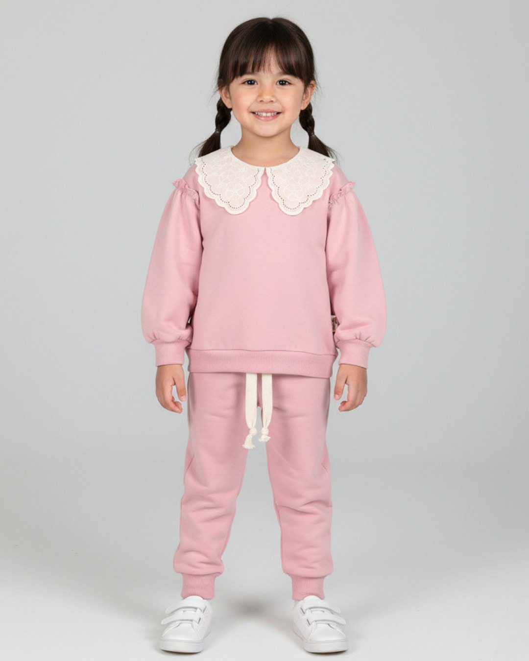 Kız Çocuk Basic Mevsimlik Brode Dantel Yakalı, %100 Pamuklu Kolu Fırfırlı, Şık Eşofman Takımı  R556 - PUDRA
