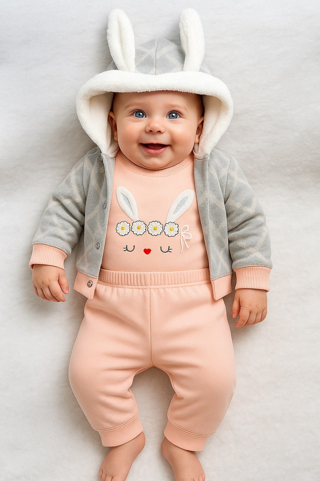 KIZ BEBEK KAPÜŞONLU TAVŞAN KULAKLI ÇİZGİLİ TAVŞAN BASKILI 3 PARÇA ZIBINLI ŞİRİN KIZ BEBEK TAKIM R335 - SOMON
