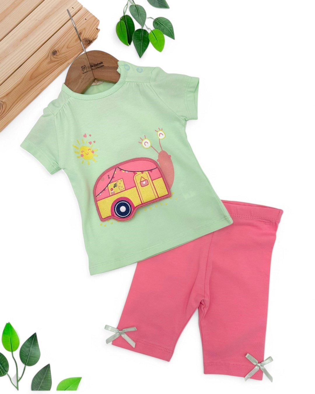 KIZ BEBEK YAZLIK LİKRALI ESNEK  3-6-9-12-18 AY TAYTLI ALT ÜST TAKIM R1737 - SU YEŞİLİ
