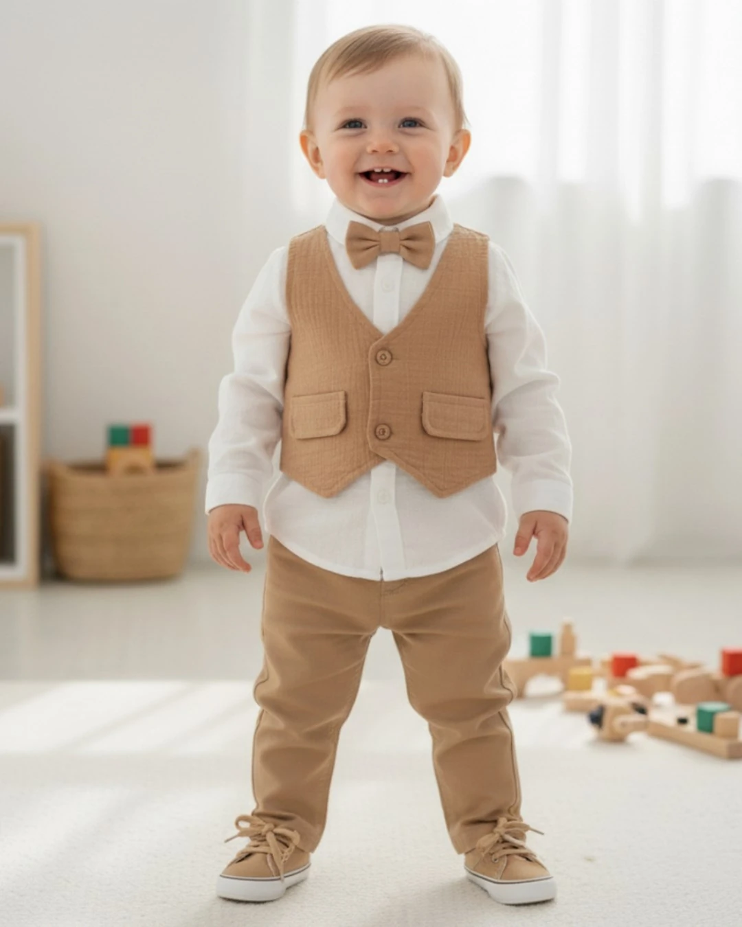 ERKEK BEBEK PAPYONLU KETEN GÖMLEKLİ KENDİNDEN YELEKLİ 2 PARÇA BAYRAMLIK 6-9-12-18-24 AY BEBEK TAKIMI R1432