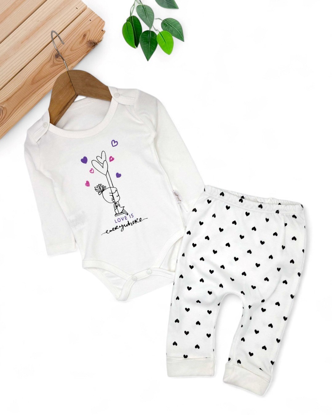 Kız Bebek Yeni doğan Kalp Desenli Çıtçıtlı Badi ve Altlı Natural Pamuk Bebek Takımı 0-9 Ay R851 - BEYAZ