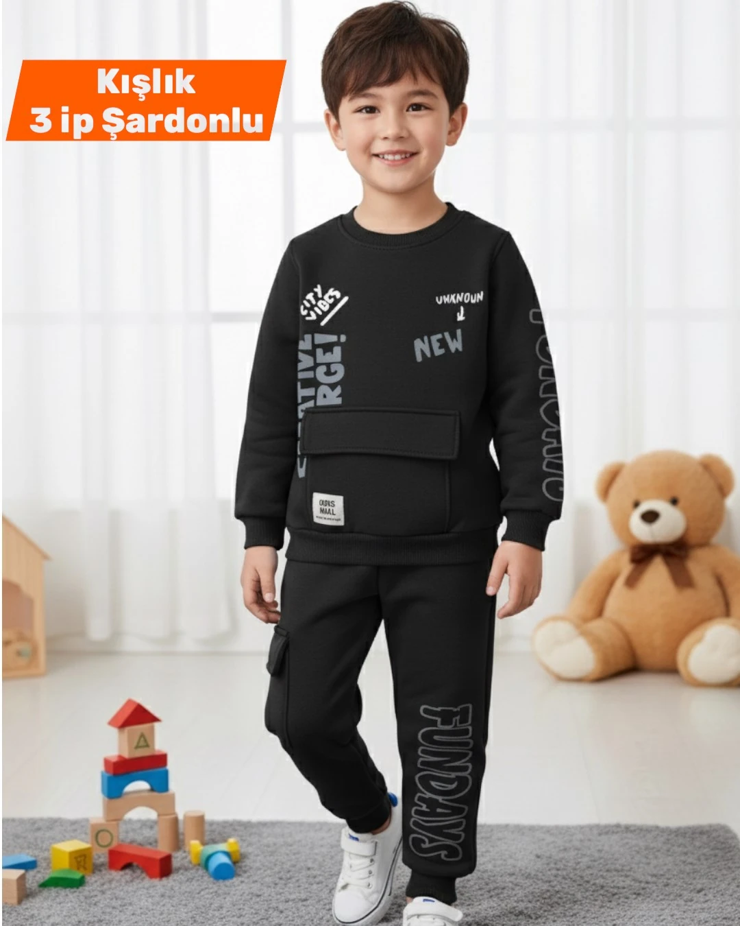 Erkek Çocuk Kışlık 3 İp Şardonlu Cep Detalı 2-10 Yaş Eşofman Takımı R2278 - SİYAH