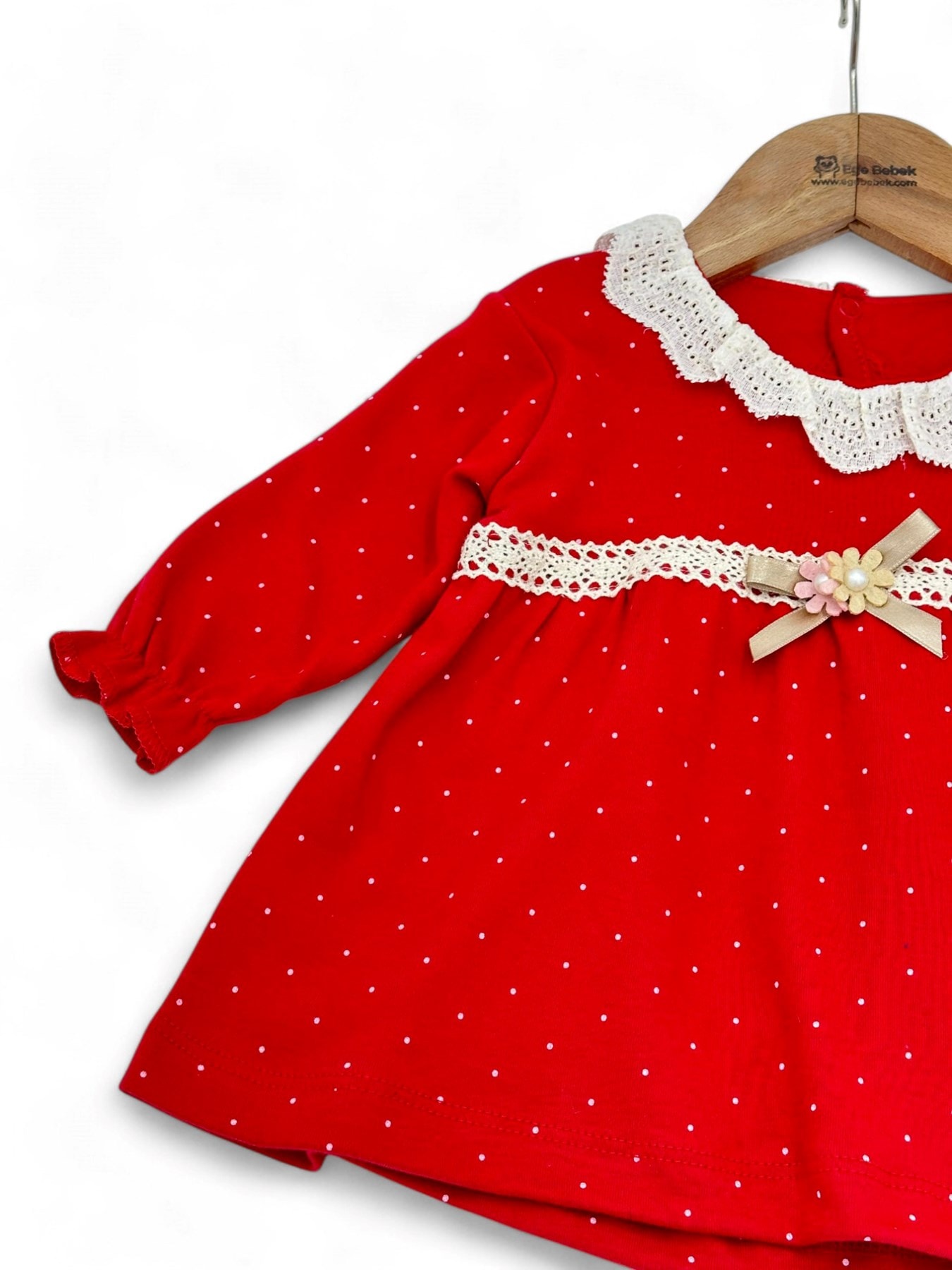 Kız Bebek 6-9-12-18-24-36 Ay, Dantel Detaylı Kırmızı Puantiyeli Elbise, %100 Pamuklu, Mevsimlik  R1457