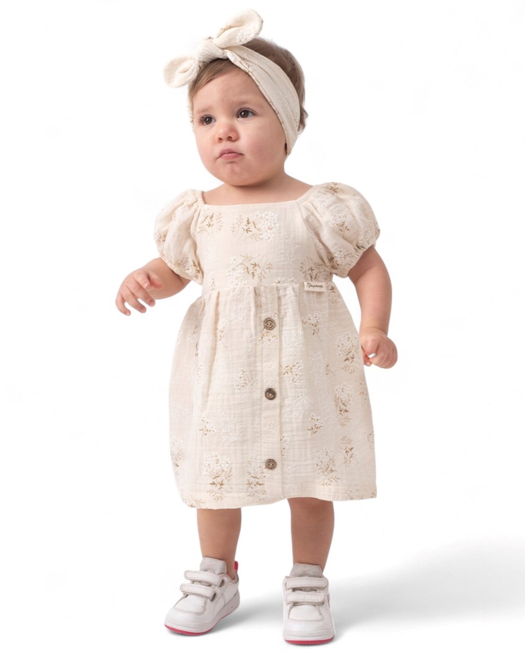 KIZ BEBEK YAZLIK 3-6-9-12-18 AY PUF ÇİÇEKLİ BANDANALI MÜSLİN SOFT ELBİSE R1827 - AÇIK KAHVERENGİ