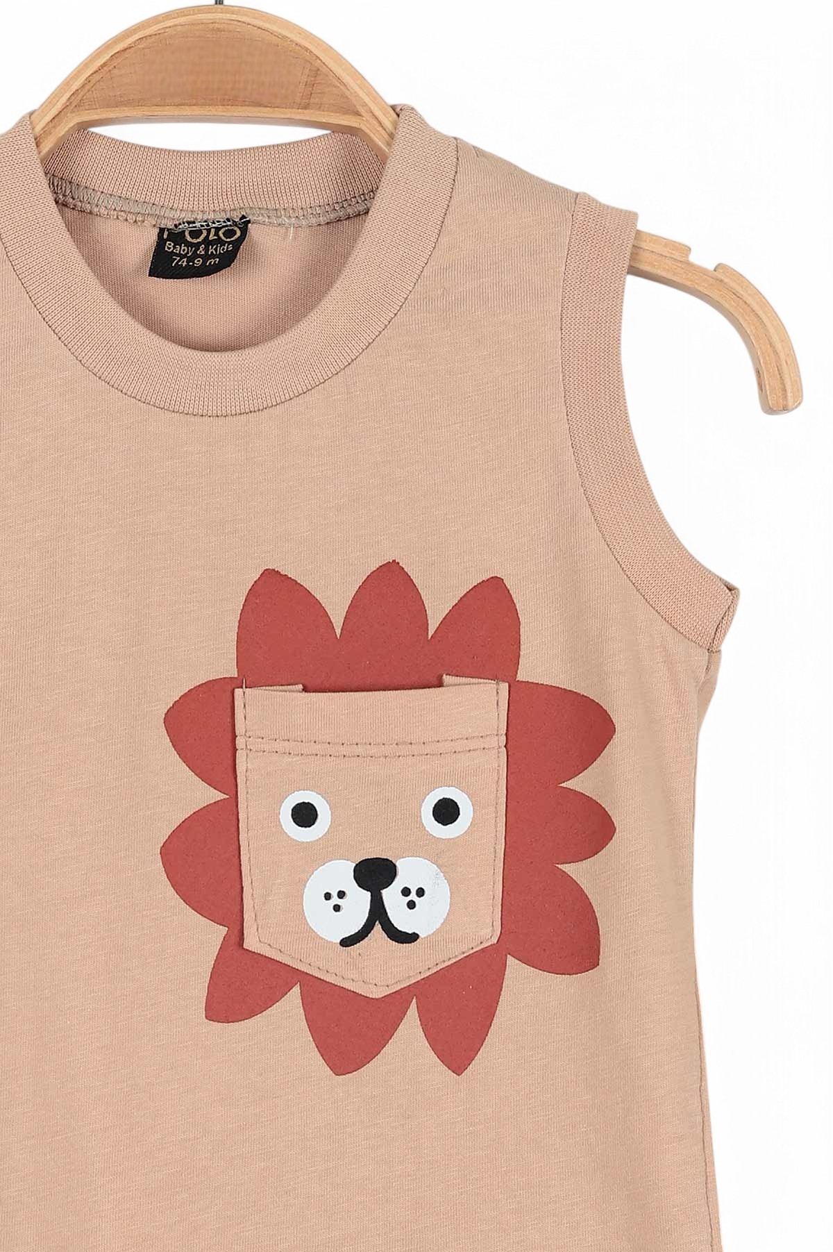 ERKEK BEBEK YAZLIK ASLAN BASKILI 6-9-12-18-24 AY SIFIR KOLLU ŞORTLU BEBEK TAKIMI R1776
