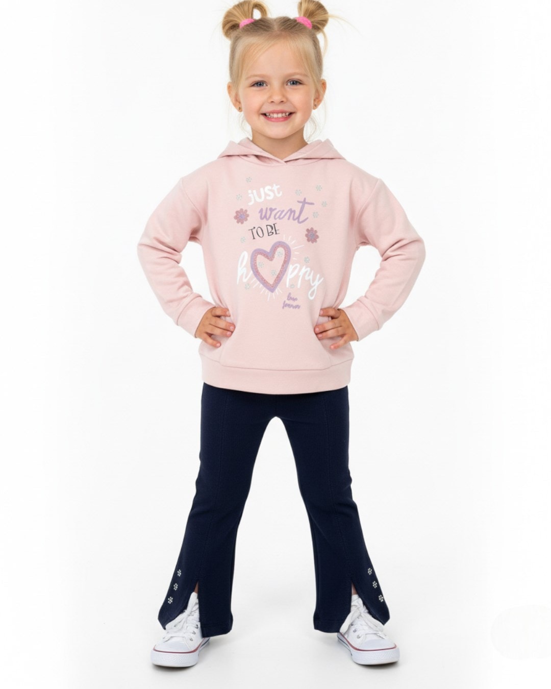 Kız Çocuk İspanyol Paça Taytlı Kapüşonlu Sweatshirtlü Mevsimlik Alt Üst Takım R2325 - PUDRA