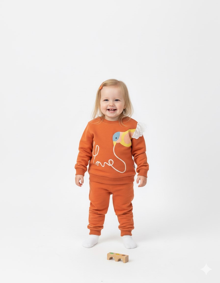 Kız Bebek Mevsimlik Kuş Detaylı, 6-9-12-18 Aylık %100 Pamuklu 2 İplik Alt Üst Takım Turuncu R1068