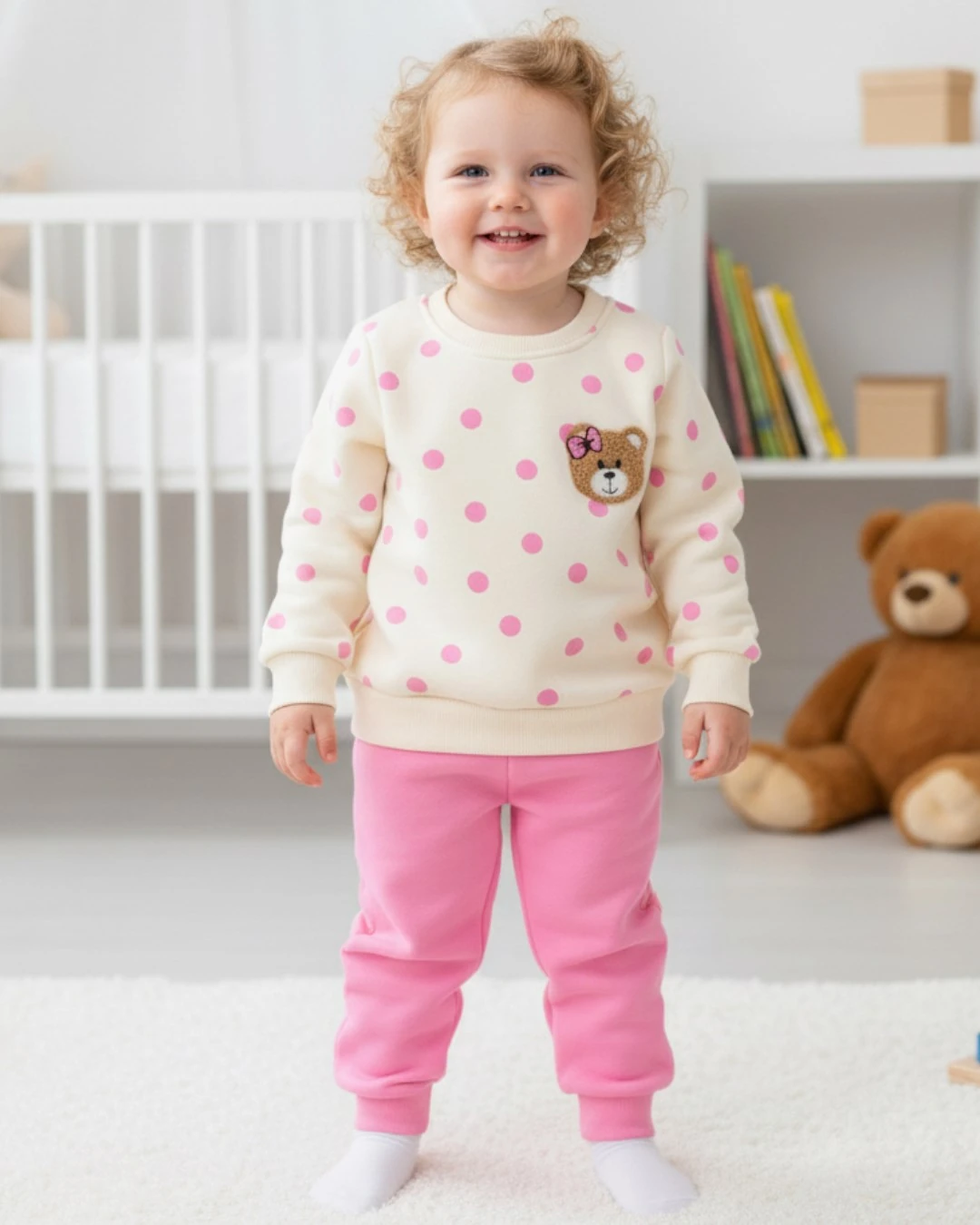 Kız Bebek Dar Kalıp Puantiyeli Kışlık 3 İp Şardonlu Ayıcık Nakışlı Şirin Alt Üst Takım R2337 - PEMBE