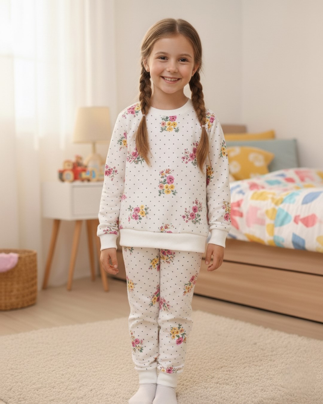 Kız Çocuk 4-5-6-7-8-9-10 Yaş Mevsimlik İnce Baskılı Pijama Gecelik Takımı R1577 - ÇİÇEKLİ