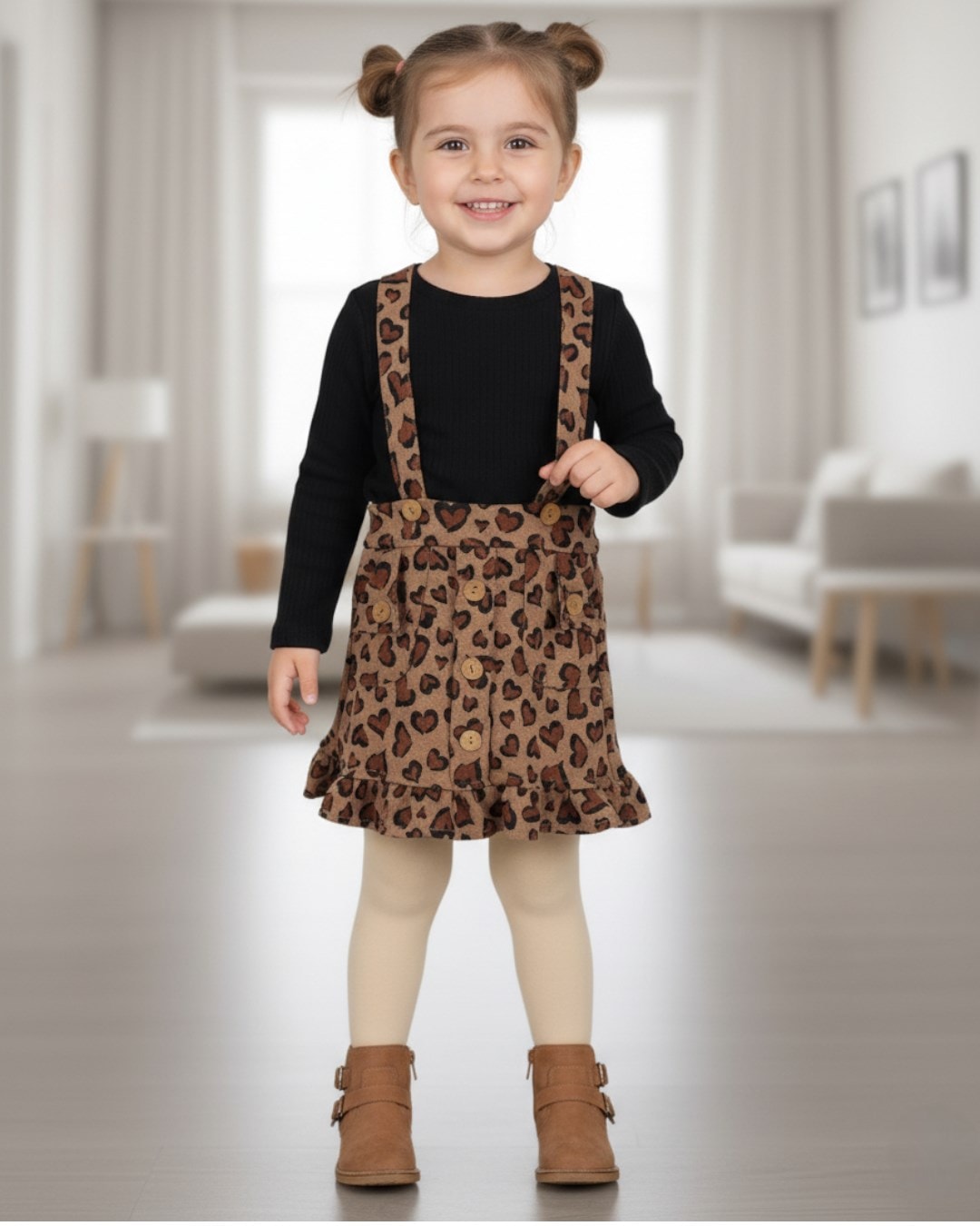 Kız Çocuk Leopar Jile Fitilli Badili Şık Kız Elbise R1589 - KAHVE