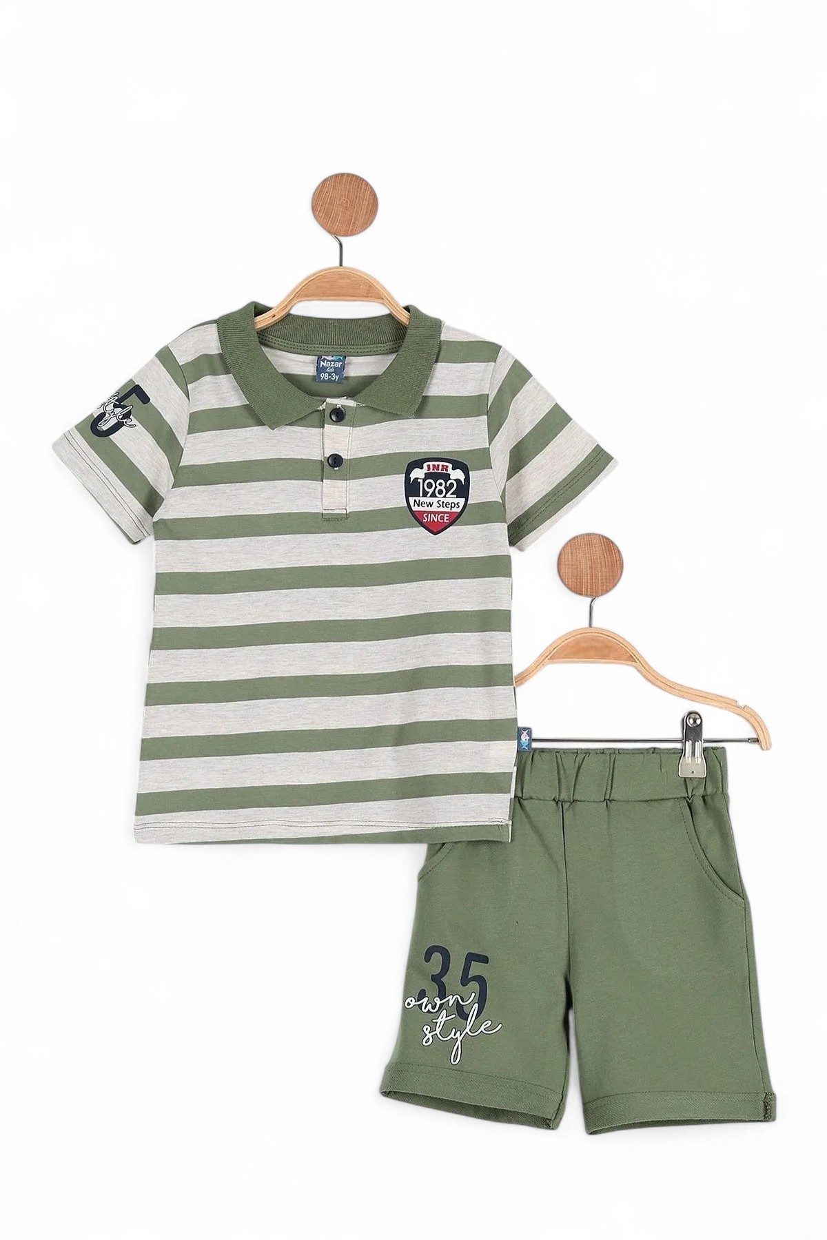 Erkek Çocuk Günlük Çizgili Polo Yakalı Şık T-shirt Ve Şort Alt Üst Takımı R499 - HÂKİ