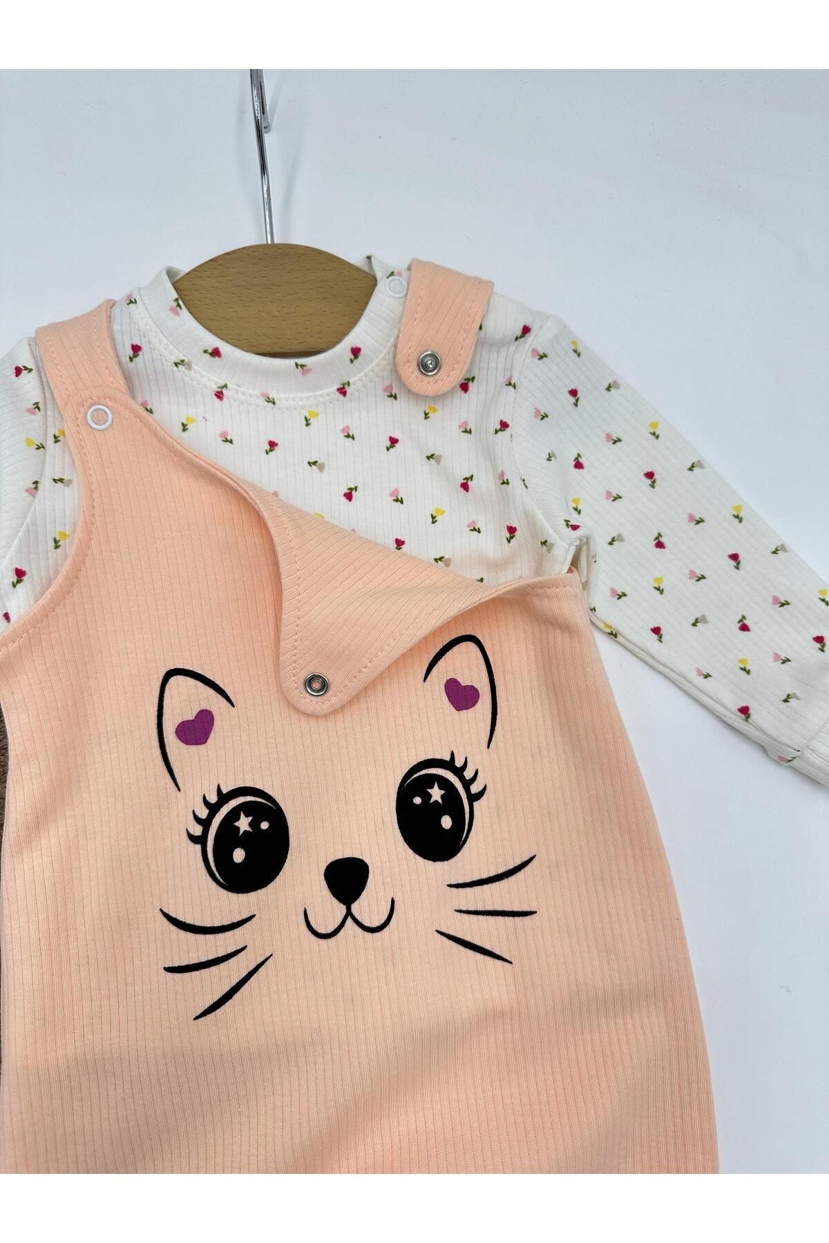 Kız Bebek Fitilli Kedi Baskılı Bahçıvan Salopet Tulum Yenidoğan 3-6-9 Ay Mevsimlik Uzun Kollu Tulum R337