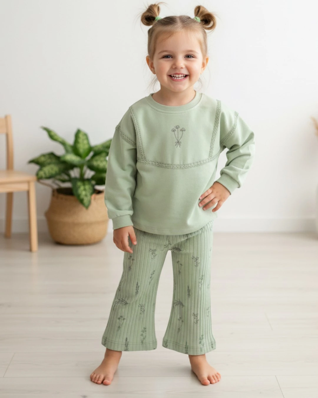 Kız Çocuk Çiçek Nakışlı, Geniş Paça Taytlı, Mevsimlik 2-3-4-5-6 Yaş Şık Kız Takım R2063 - AÇIK YEŞİL