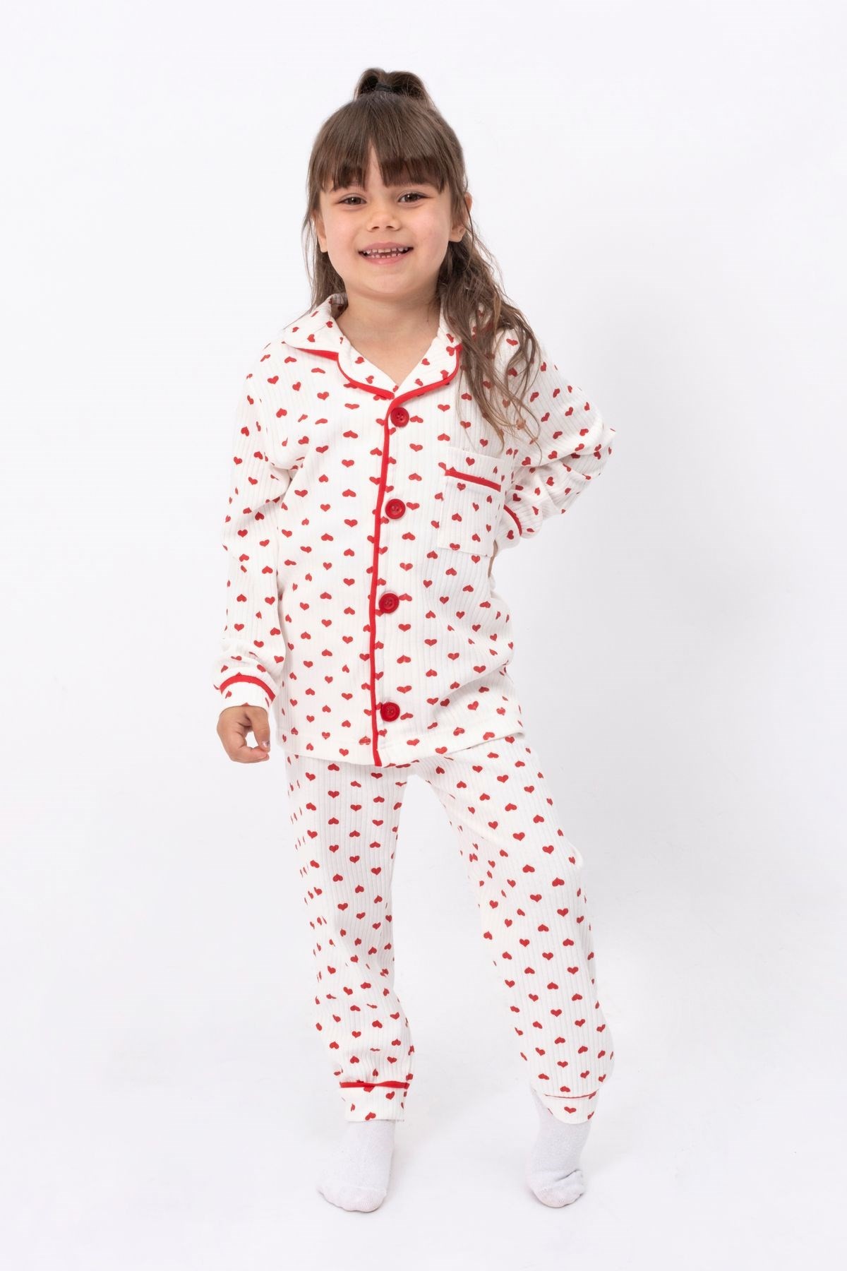 KIZ BEBEK FİTİLLİ KALP BASKILI MEVSİMLİK İNCE DÜĞMELİ GECELİK ALT ÜST TAKIMI / DAR KALIP R916 - KIRMIZI
