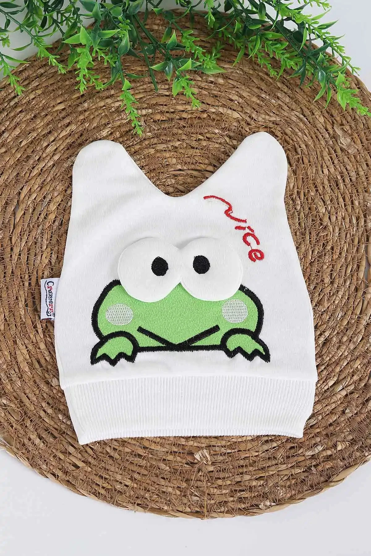 Kurbağa Nakışlı Yeni Doğan Penye Bebek Beresi BR39 - EKRU