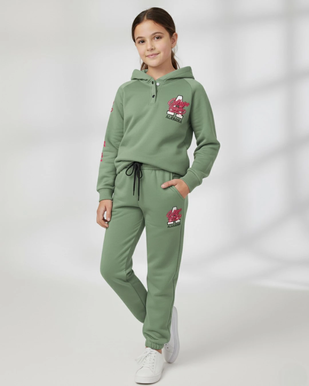 Kız Çocuk Kışlık 3 İp Şardonlu Kapüşonlu 10-11-12-13-14 Yaş Eşofman Takımı / R2292 - YEŞİL