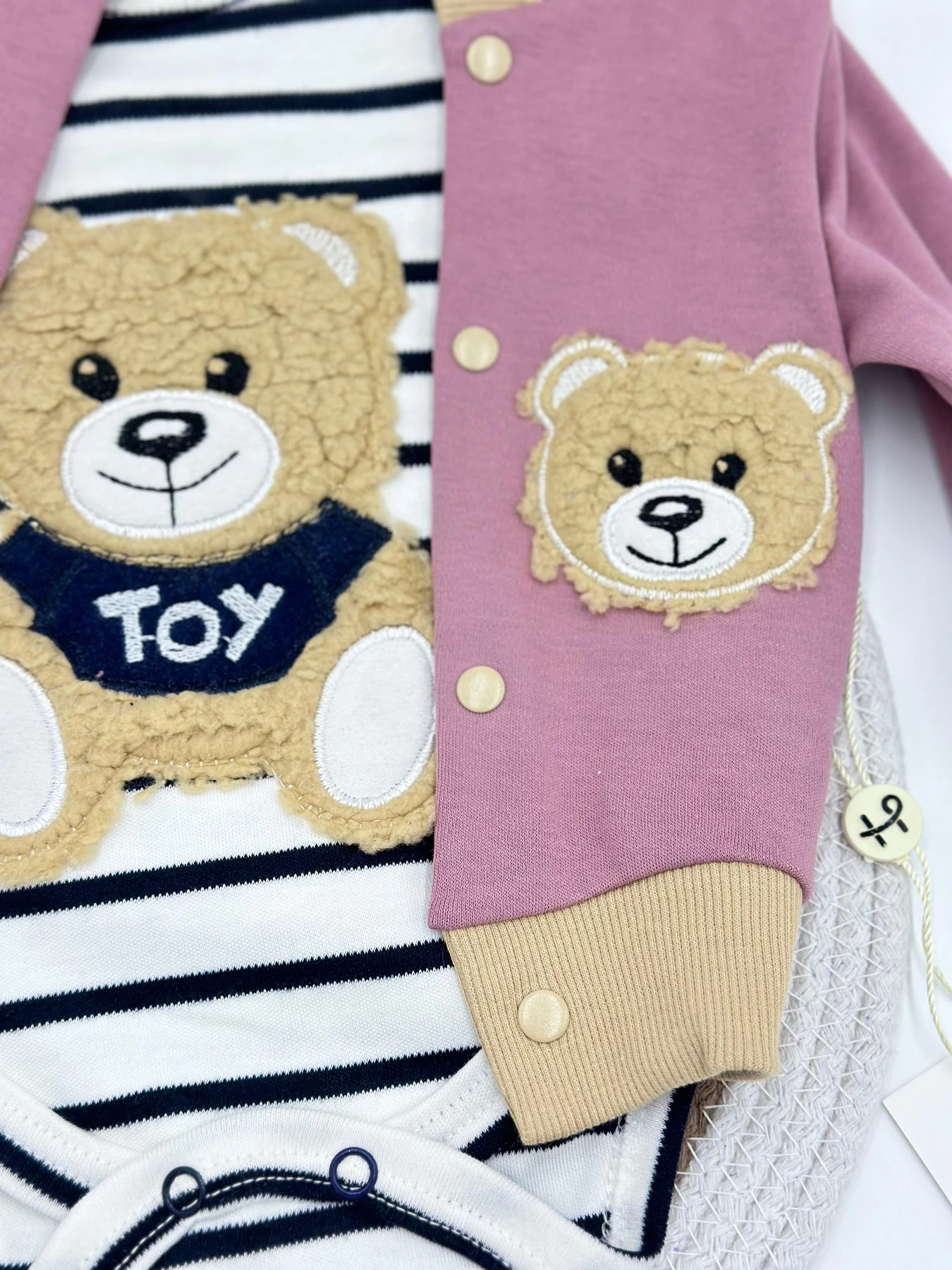 Kız Bebek Ayı Nakışlı Peluş Kapüşonlu 3 Parça Zıbınlı Mevsimlik Bebek Takımı R1204