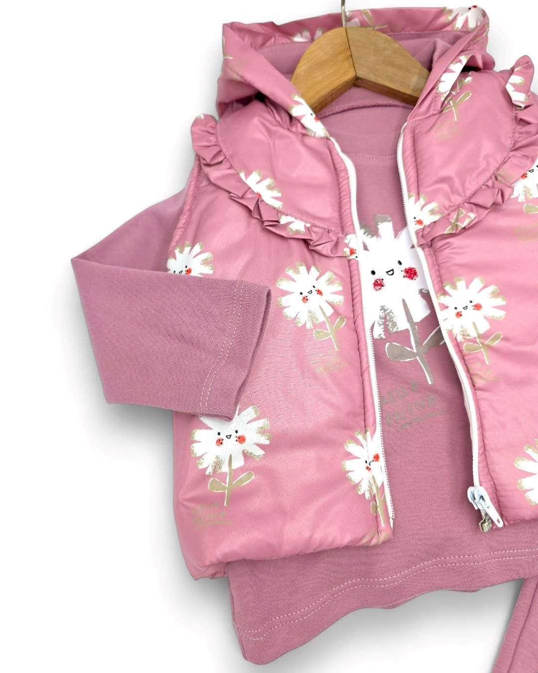 Kız Bebek Mevsimlik Şişme Yelekli, 3 Parça Alt Üst Takım , 6-9-12-18 Ay Yelekli Takım R2312