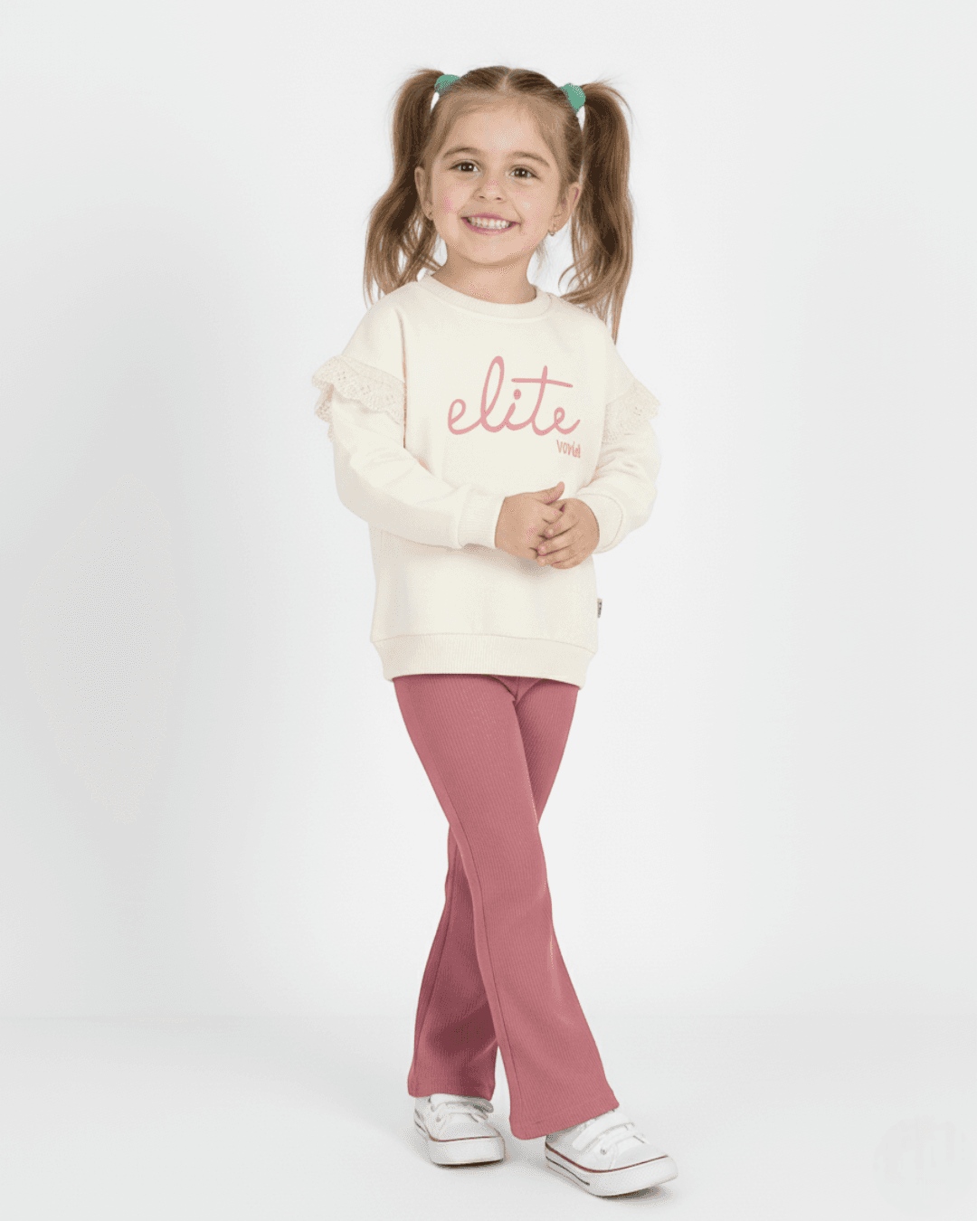 Kız Çocuk Mevsimlik Takım Elite Nakışlı Çan Kesim Oversize Fitilli Taytlı Şık Takım R551 - MERCAN