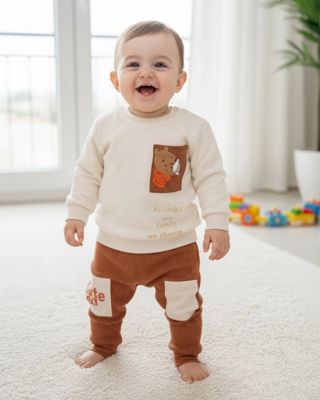 Erkek Bebek Pooh Baskılı Fitilli Altlı Mevsimlik Uzun Kollu 6-9-12-18-24 Ay Bebek Takımı R1485