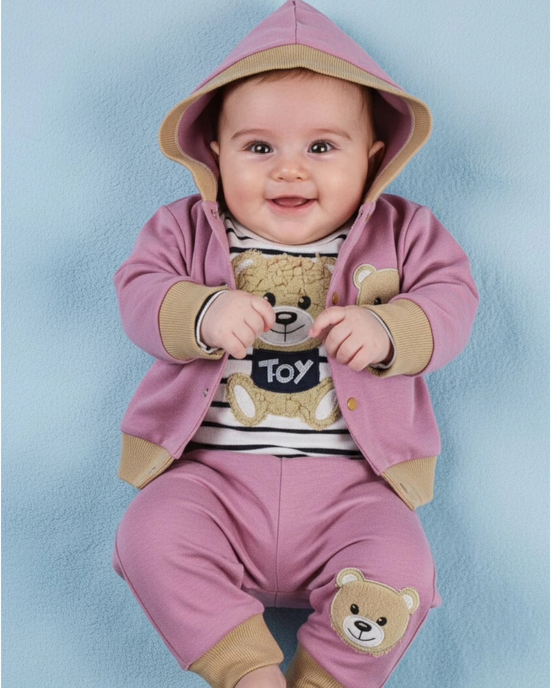 Kız Bebek Ayı Nakışlı Peluş Kapüşonlu 3 Parça Zıbınlı Mevsimlik Bebek Takımı R1204 - GÜL KURUSU