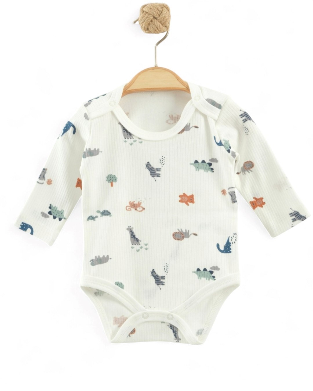 Erkek Bebek Uzun Kollu Hayvanlar Baskıl Fitilli I Bebek Çıtçıtlı Body, Zıbın, Atlet 0-3 Yaş BD14 - BEYAZ