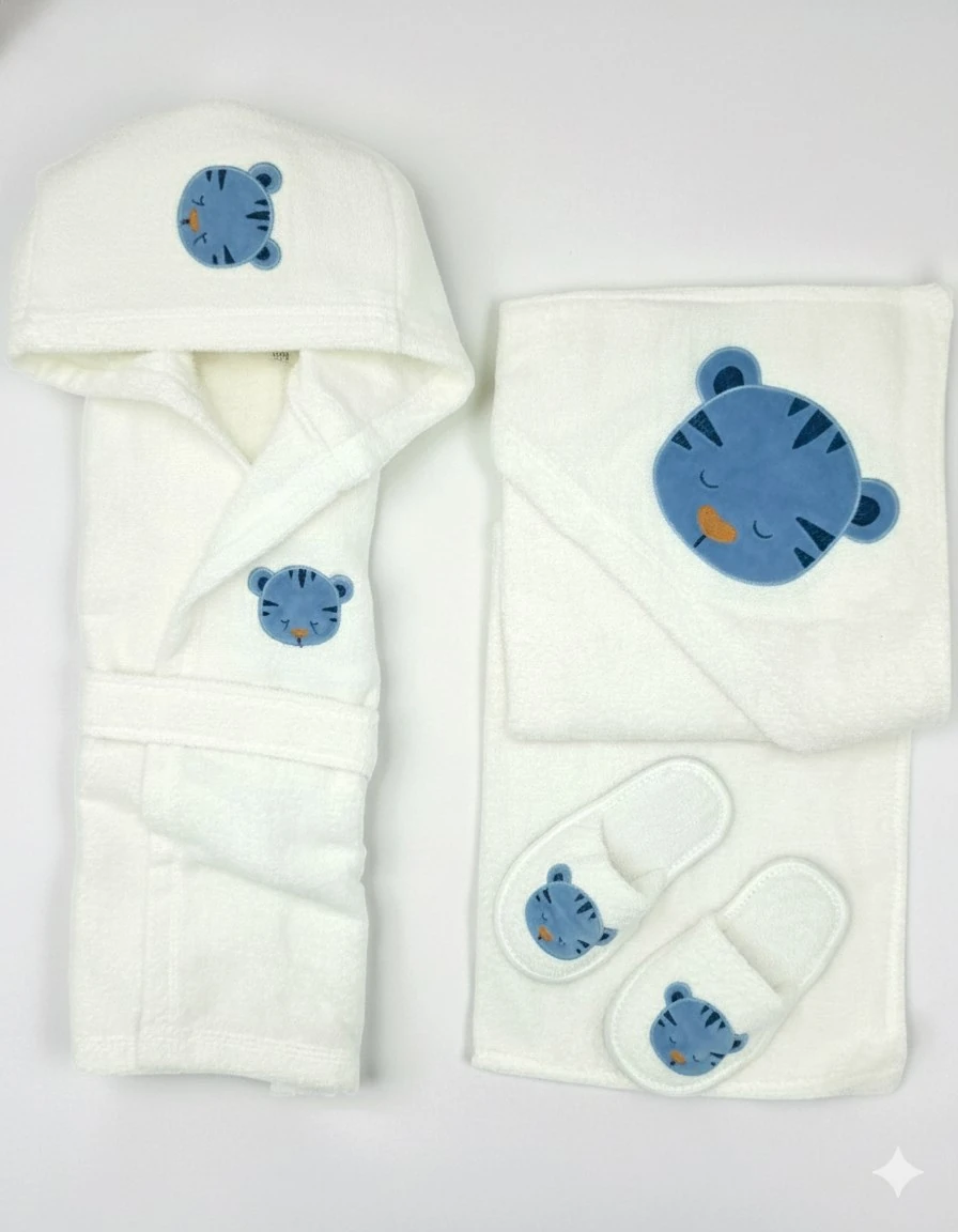 Bebek Kaplan Nakışlı 4'lü Havlu & Bornoz Banyo Seti, Yeni Doğan Bornoz Takımı BN17