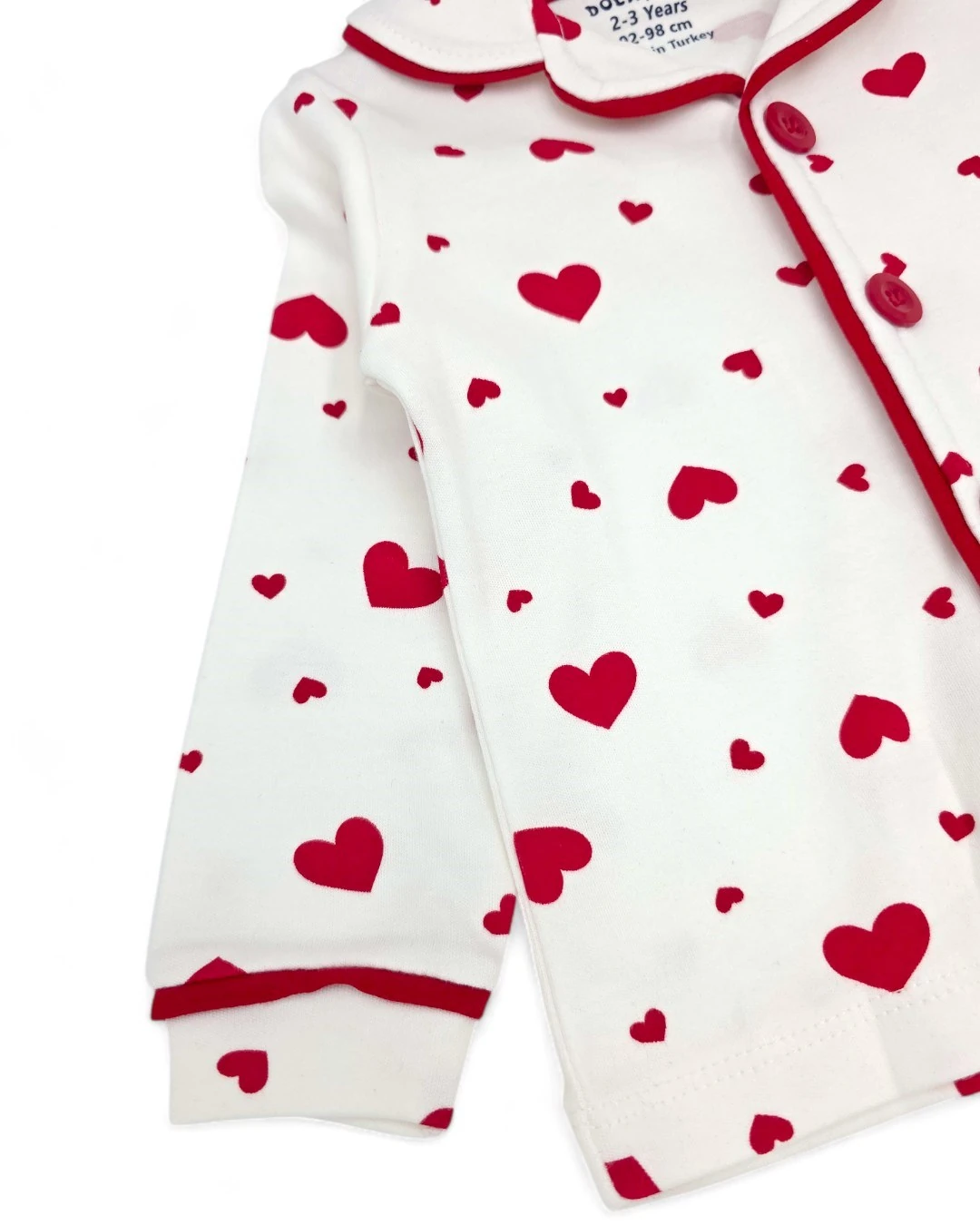 Kız Çocuk Büyük Kalp Baskılı ruvaze Yakalı, Düğmeli Mevsimlik Gecelik Pijama Takımı 6-24 Ay 3-14 Yaş R2185