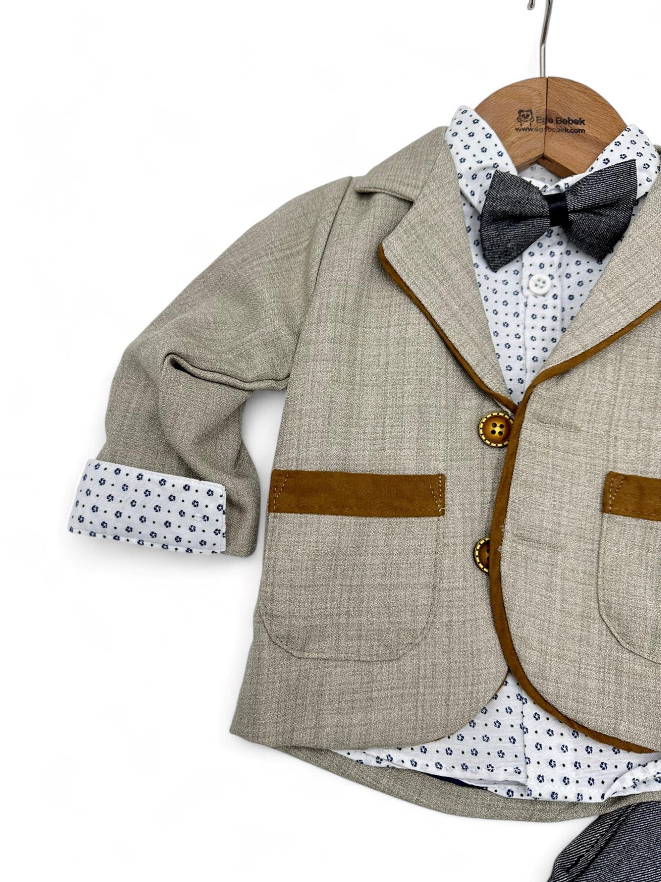 ERKEK BEBEK 6-9-12-18-24 AY GRİ PANTALONLU CEKETLİ PAPYONLU ŞIK TAKIM ELBİSE R1480