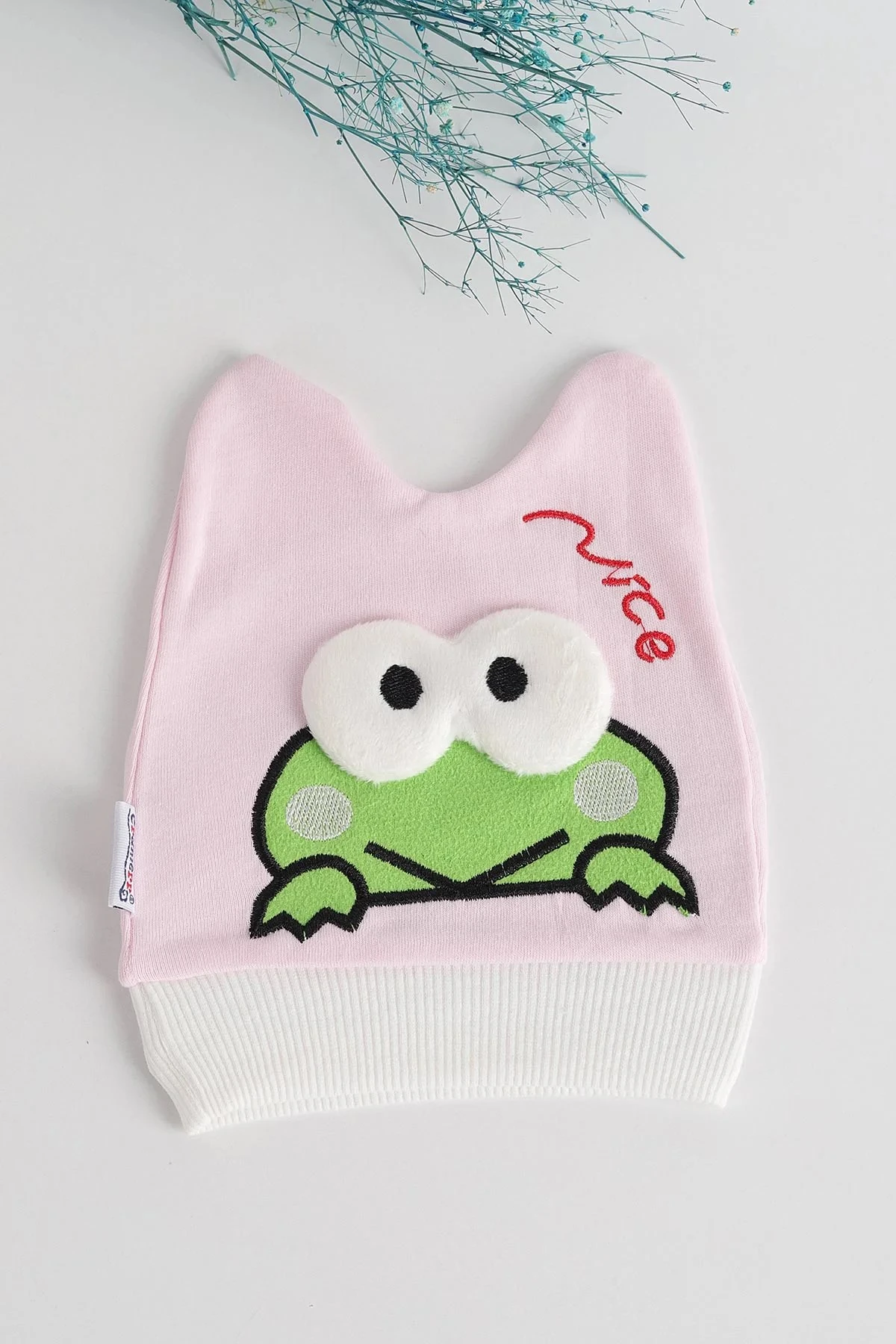 Kurbağa Nakışlı Yeni Doğan Penye Bebek Beresi BR39 - PEMBE