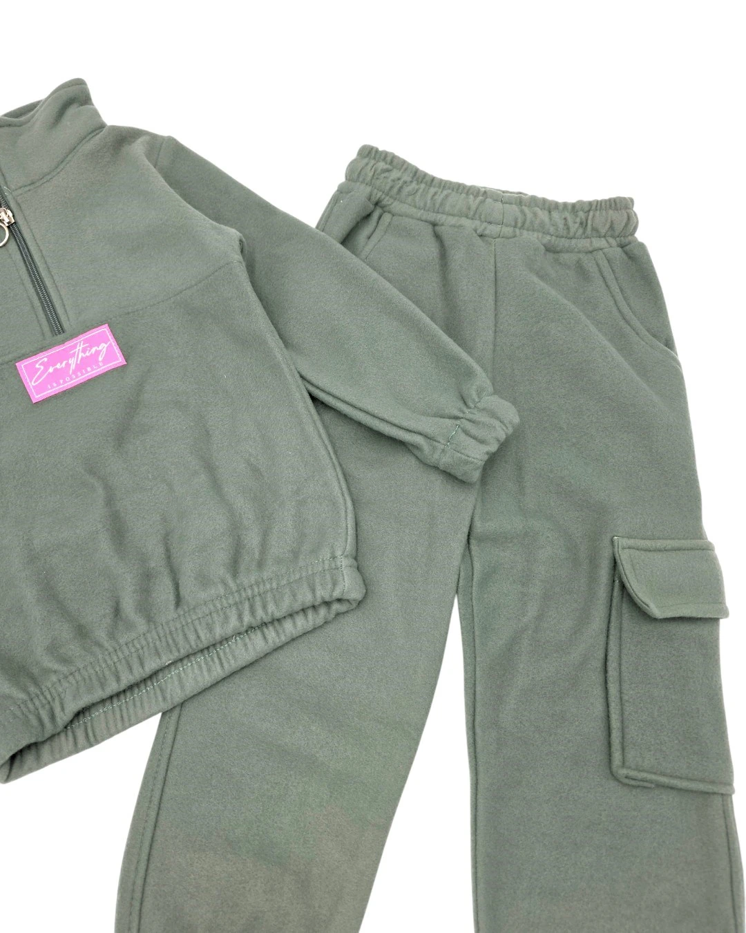 Kız Çocuk 2-3-4-5-6 Yaş Kargo Cepli Polar Eşofman Takımı / Kışlık Polar Takım R2288