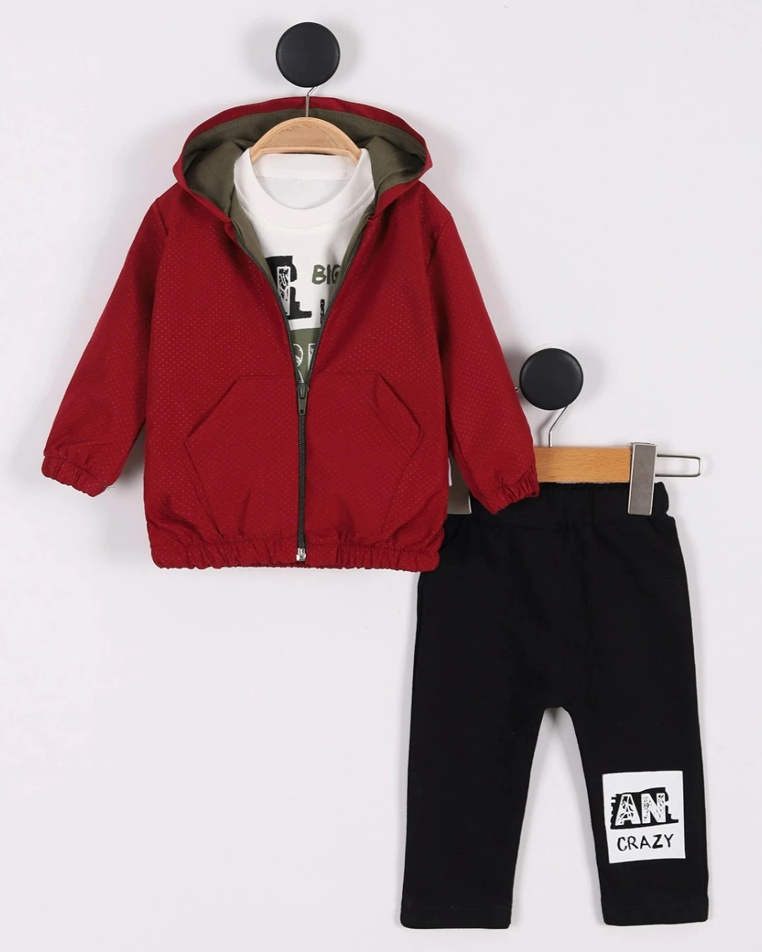 Erkek Bebek Yağmurluklu Kapüşonlu, 3 Parça Mevsimlik Alt Üst Takım l 3-6-9-12-18 Ay R2234 - BORDO