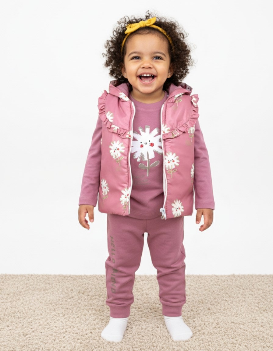 Kız Bebek Mevsimlik Şişme Yelekli, 3 Parça Alt Üst Takım , 6-9-12-18 Ay Yelekli Takım R2312 - GÜL KURUSU