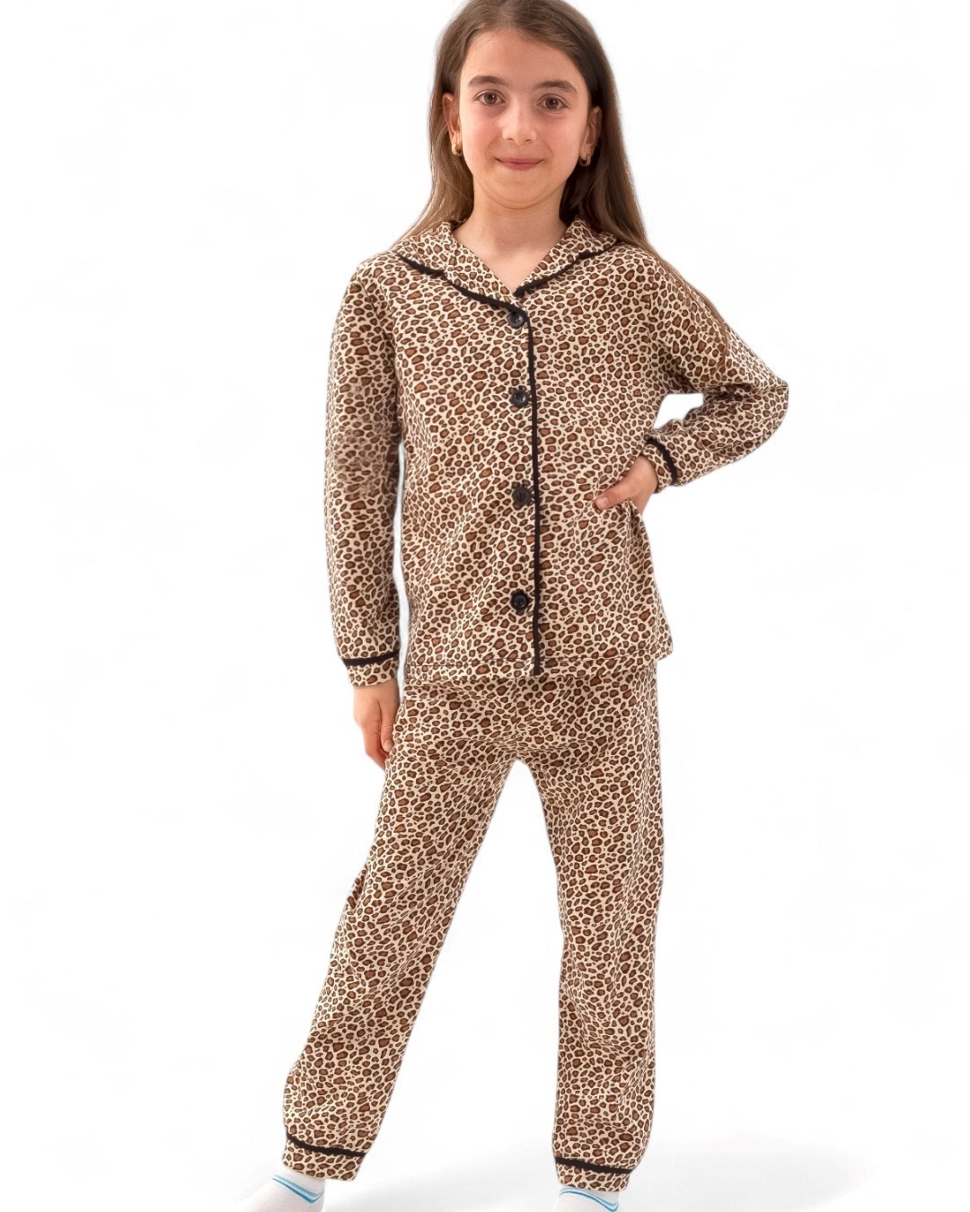 Kız Çocuk Leopar Desenli Kruvaze Yakalı, Düğmeli Mevsimlik Gecelik Pijama Takımı l 6 Ay 14 Yaş AralıK