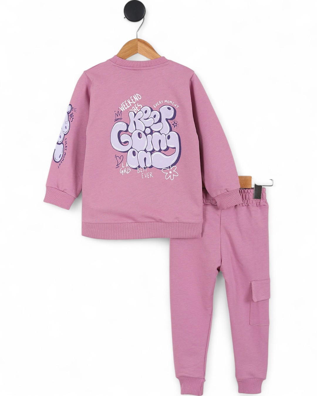 Kız Çocuk Sırtı Baskılı Sweatshirt ve Kargo Cepli Eşofman Altlı 6-7-8-9-10 Yaş Eşofman Takımı  R2143