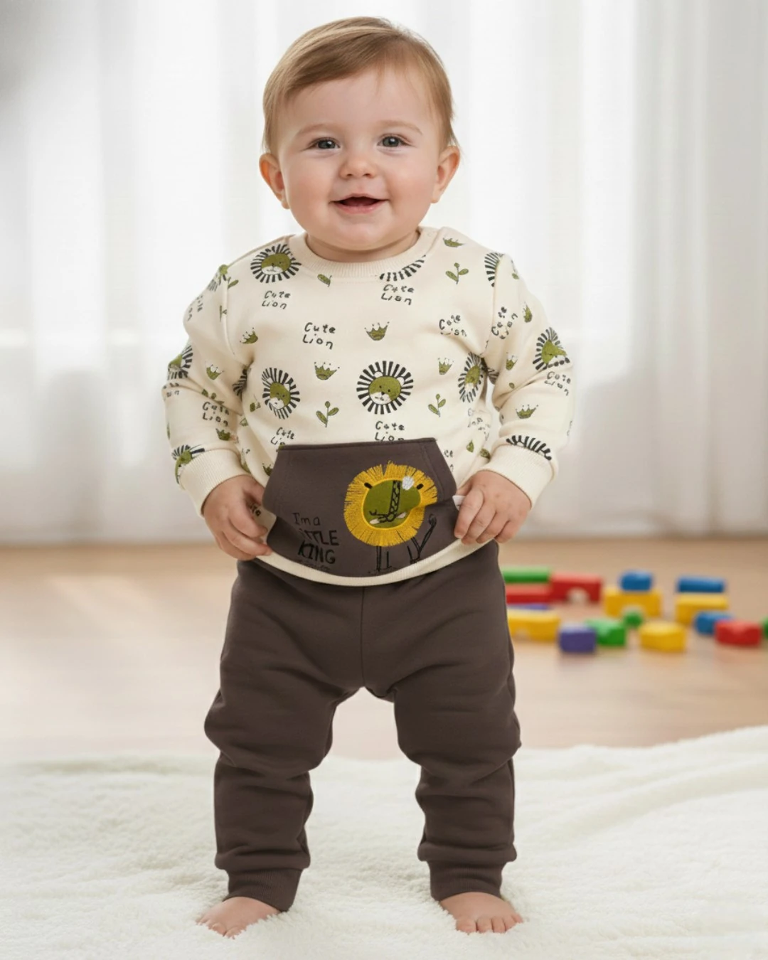 Erkek Bebek Aslan Nakışlı Kışlık 3 İp Şardonlu 6-9-12-18-24 Ay Alt Üst Bebek Takımı R2394 - KAHVE