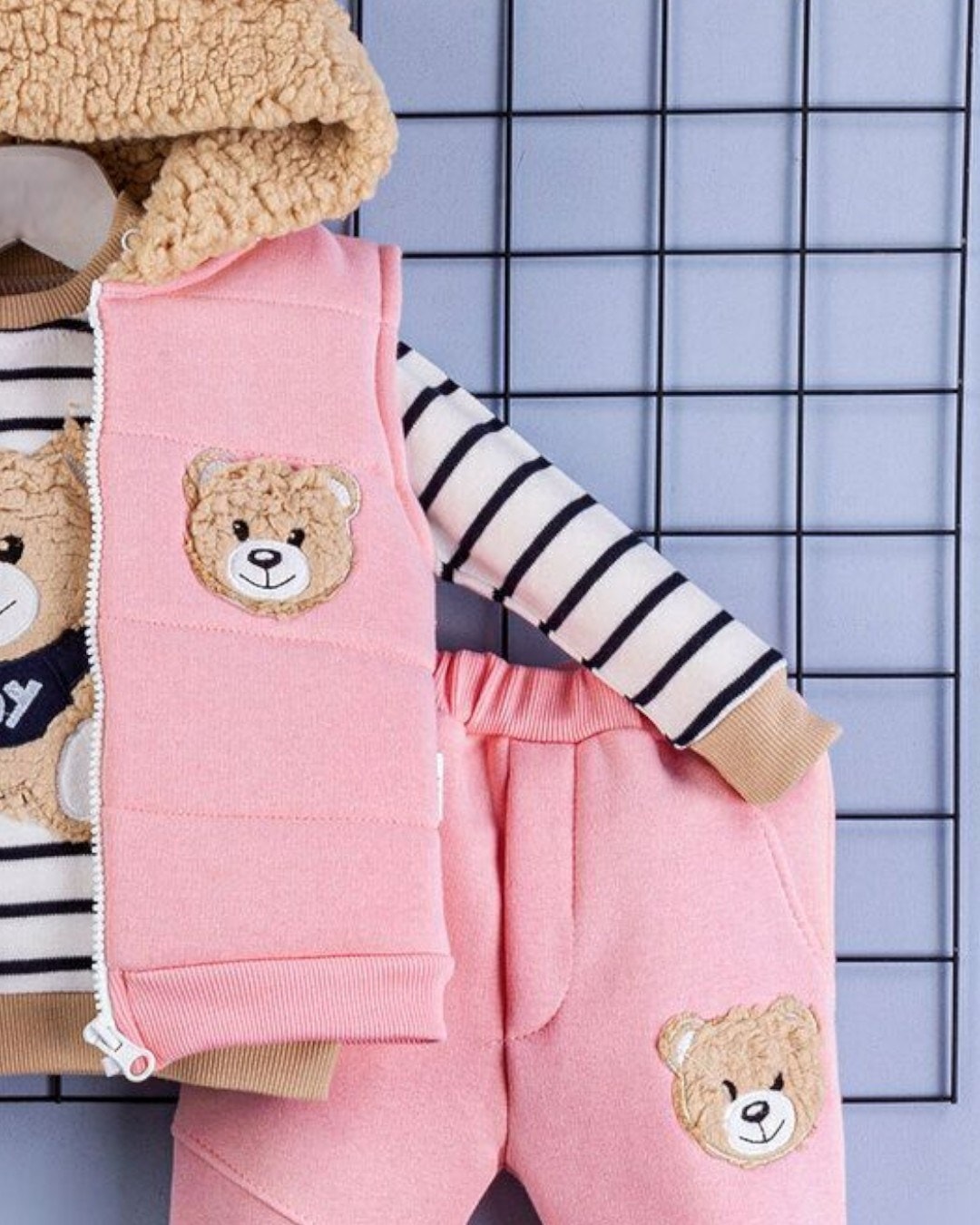 Kız Bebek 3 İp Şardonlu, Welsoft Kapüşonu Kulak Detaylı 6-9-12-18 Aylık, 2-3-4 Yaş 3 Parça Kışlık Takım R2240