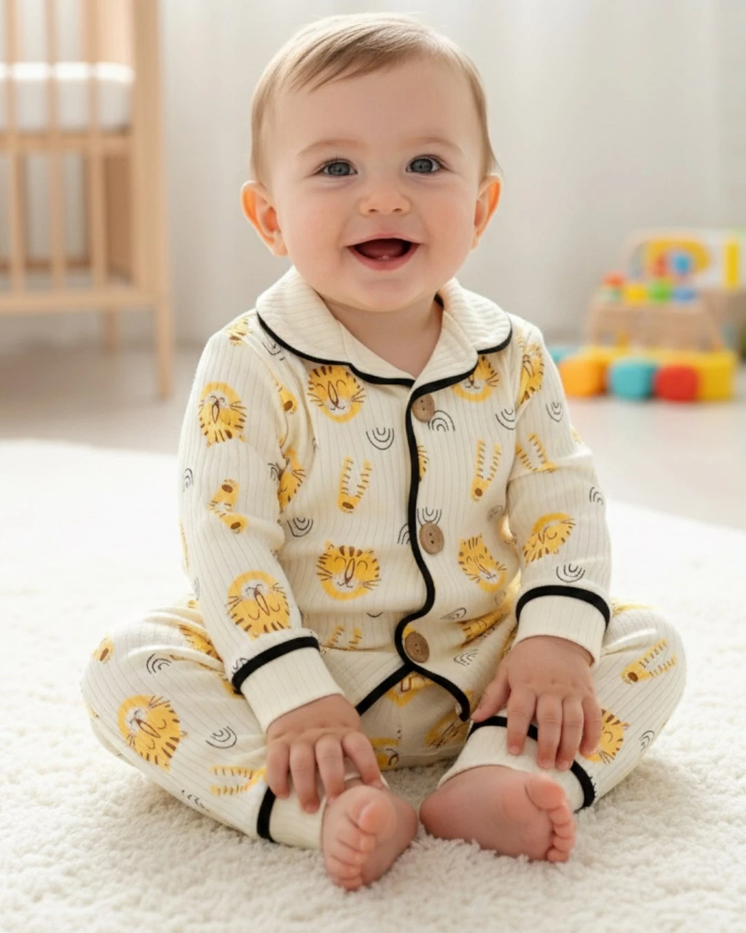 Erkek Bebek Sevimli Kaplan Baskılı 6-9-12-18-24 Aylık Mevsimlik Fitilli Kruvaze Yakalı Gecelik Pijama Takımı R2338