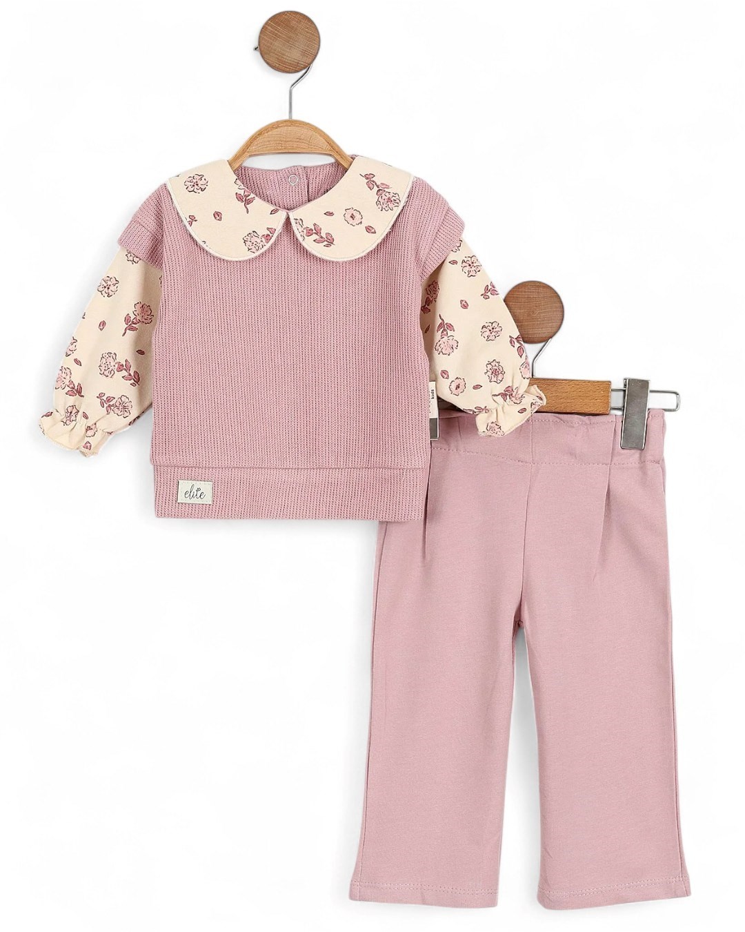 Kız Bebek Özel Tasarım Bebe Yakalı, Örme Triko 6-9-12-18-24 Ay Şık Bebek Takımı R2146 - GÜL KURUSU