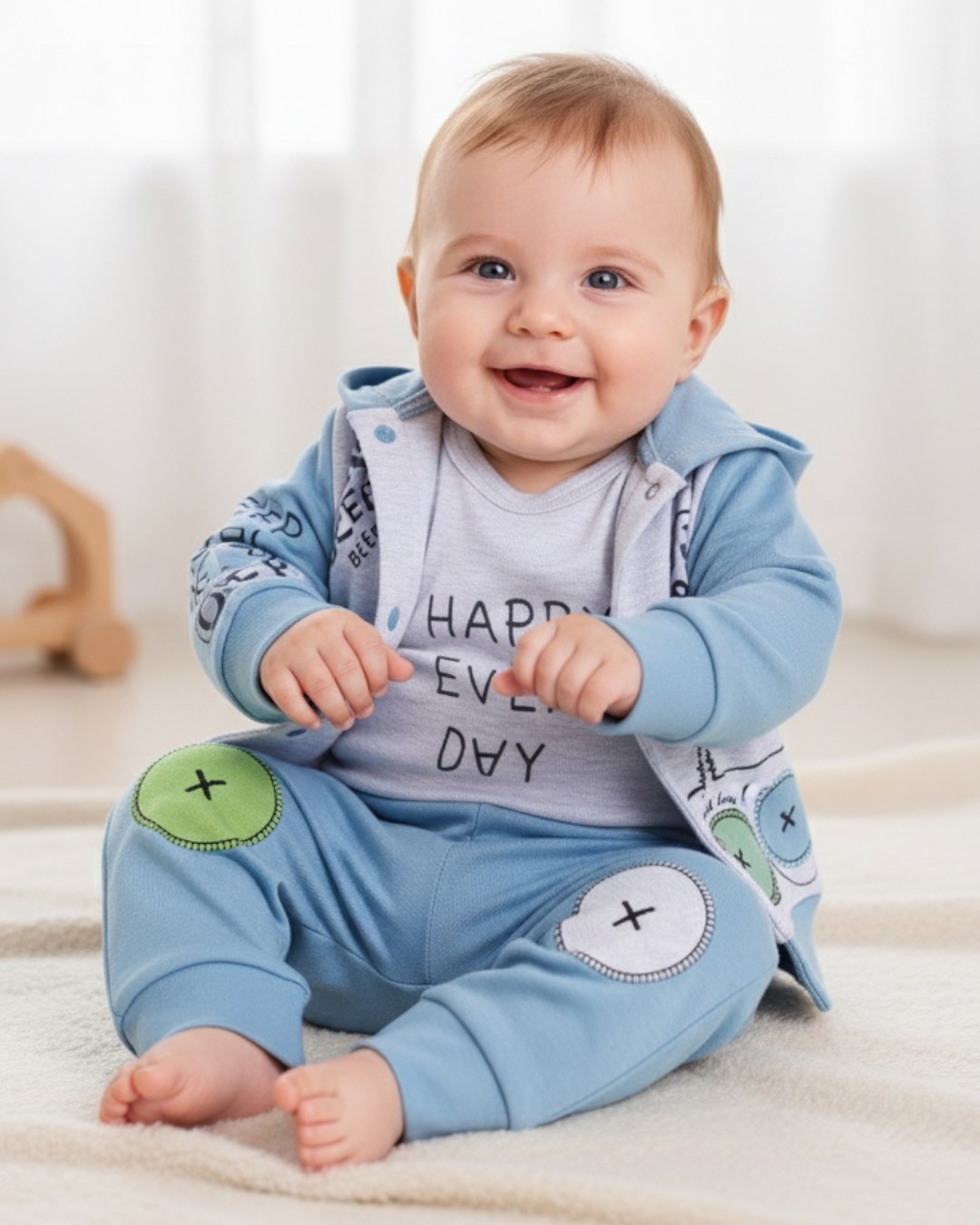 Erkek Bebek Mevsimlik Araba Nakışlı 3'lü Zıbınlı Yeni Doğan 3-6-9 Ay Bebek Takımı R1203 - MAVİ