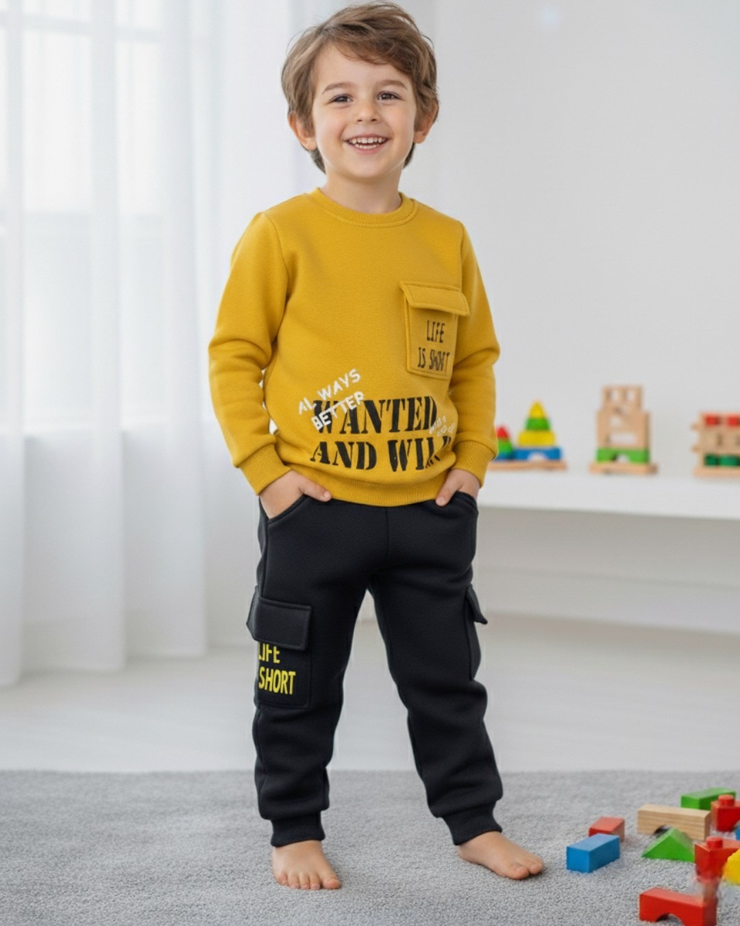 ERKEK ÇOCUK 3 İP ŞARDONLU KIŞLIK EŞOFMAN TAKIMI / 2-10 YAŞ / ERKEK ÇOCUK SWEATSHİRT, EŞOFMAN ALTI R2272 - HARDAL