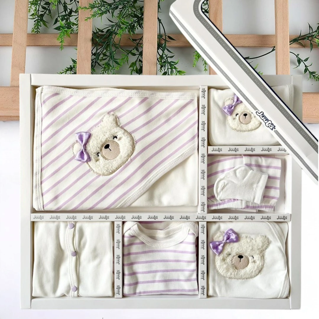 Kız Bebek Ayı Nakışlı 11 Parça Hastane Çıkışı Zıbın Seti R921 - LİLA