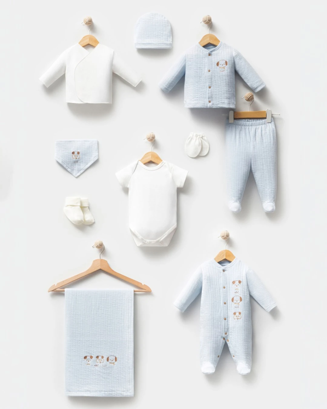  Erkek Bebek %100 Pamuk Sevimli Köpekcikler Desenli 10 Parça Kutulu Yenidoğan Hastane Çıkışı Zıbın S