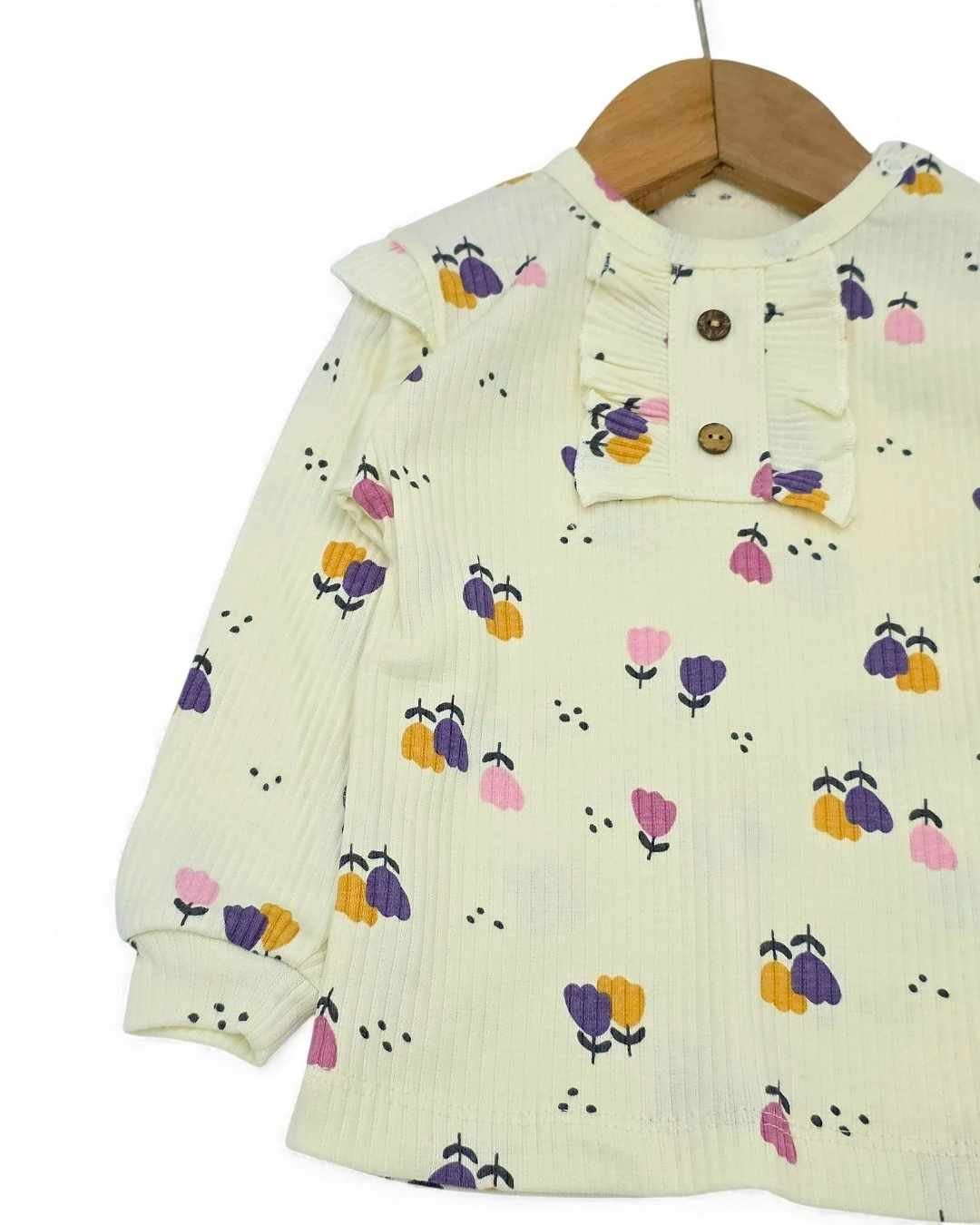 Kız Bebek Lale Baskılı Ribana Kumaş, Fitilli Şık Taytlı Alt Üst Bebek Takımı l 6-24 Ay l Mevsimlik R2381